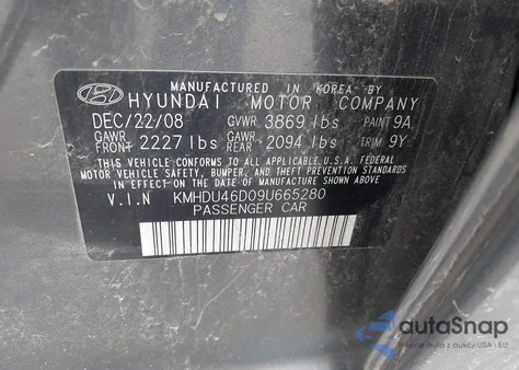 2009 Hyundai Elantra Gls из США, поврежденный, VIN KMHDU46D09U665280